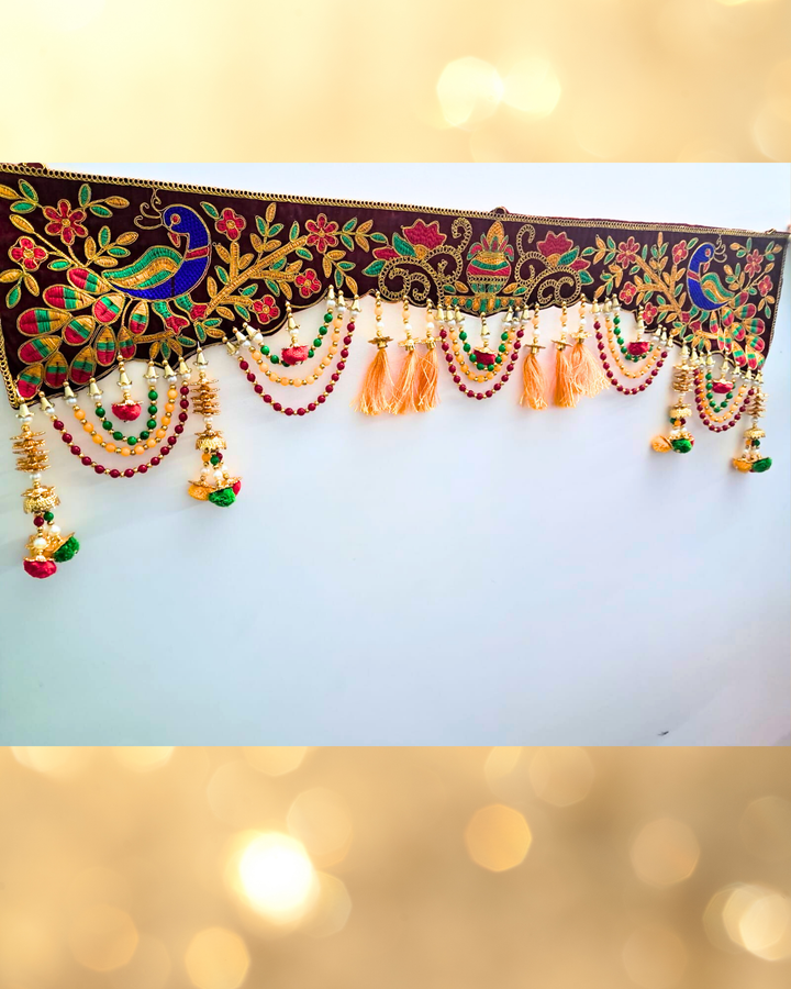 Embroidered Peacock & Kalash Toran with Beaded Tassels (Door Hanging D√©cor)