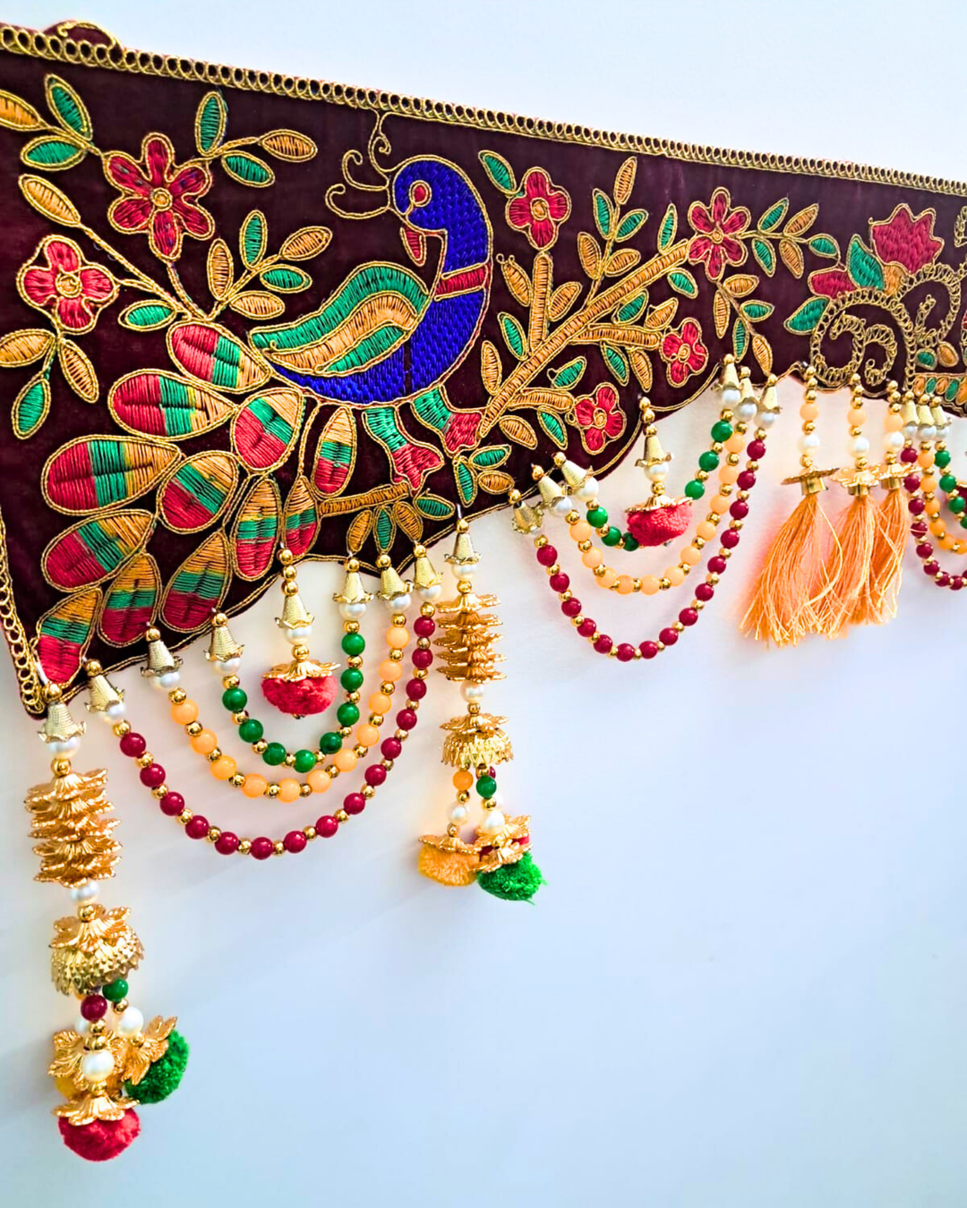 Embroidered Peacock & Kalash Toran with Beaded Tassels (Door Hanging D√©cor)