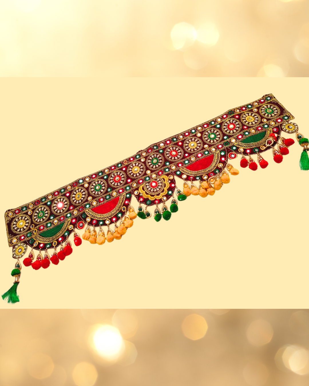 Embroidered Red & Green Toran with Mirror Work and Wool Tassels (Door Hanging D√©cor)