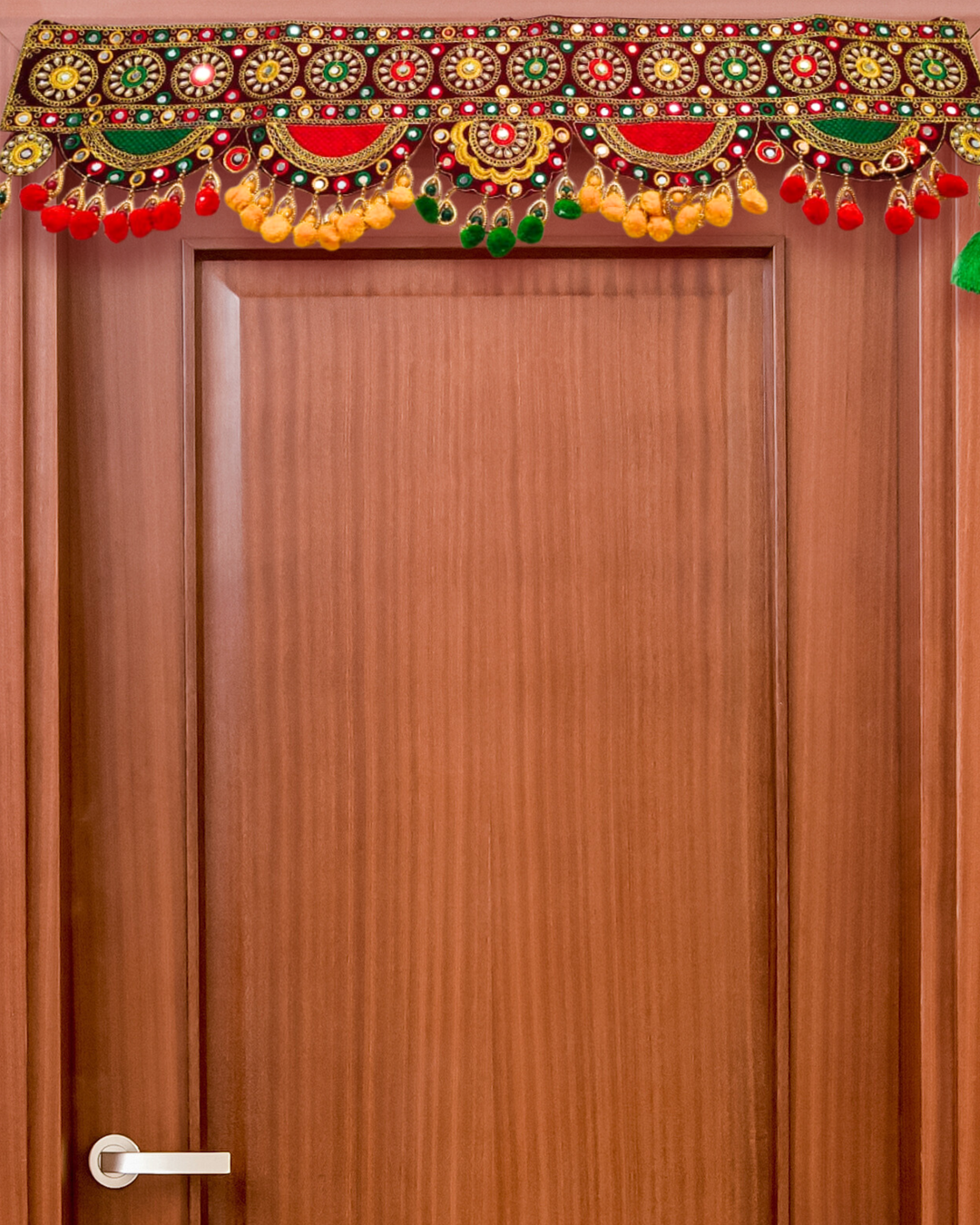 Embroidered Red & Green Toran with Mirror Work and Wool Tassels (Door Hanging D√©cor)