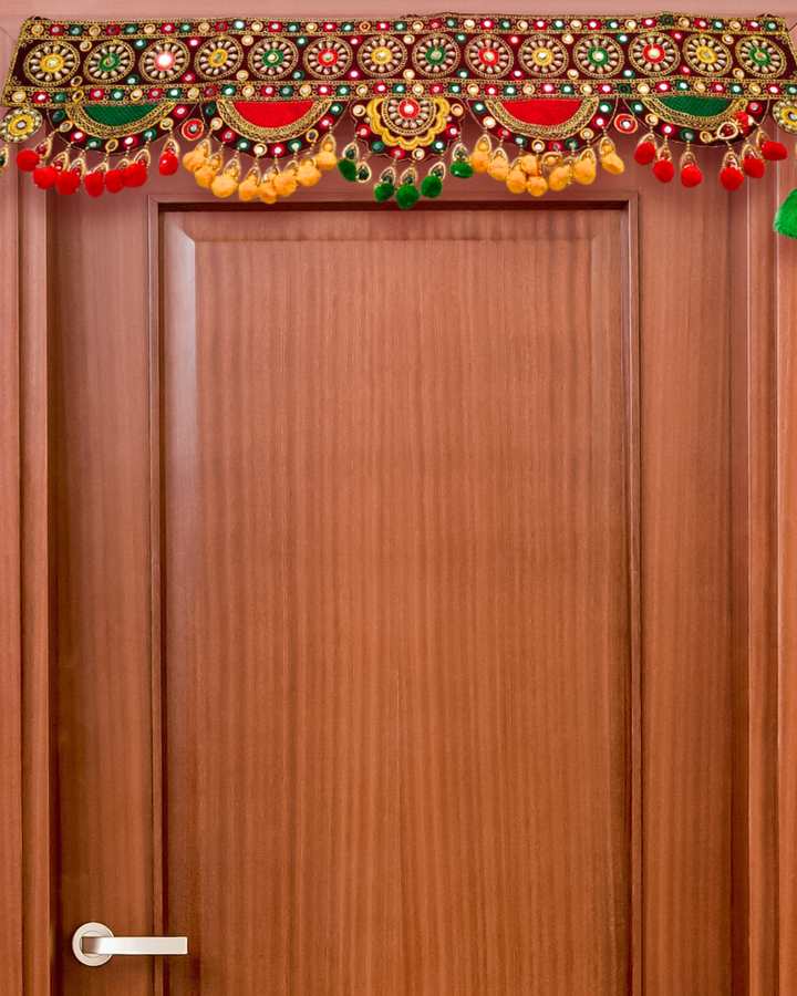 Embroidered Red & Green Toran with Mirror Work and Wool Tassels (Door Hanging D√©cor)