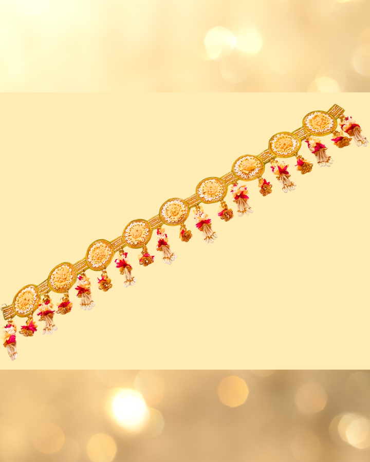 Golden Embroidered Toran with Floral Motifs and Beaded Tassels (Door Hanging D√©cor)