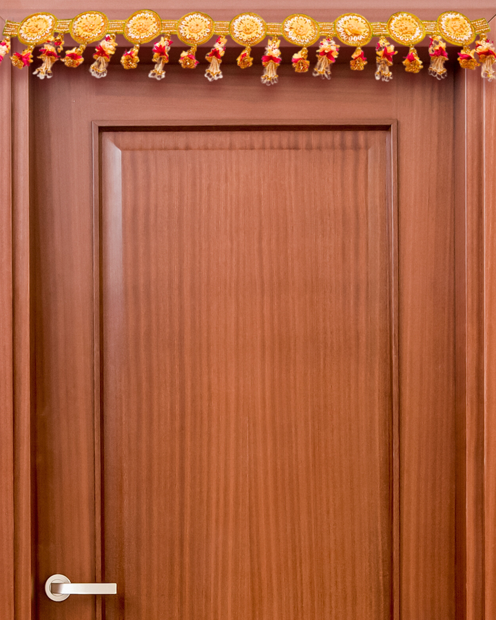 Golden Embroidered Toran with Floral Motifs and Beaded Tassels (Door Hanging D√©cor)