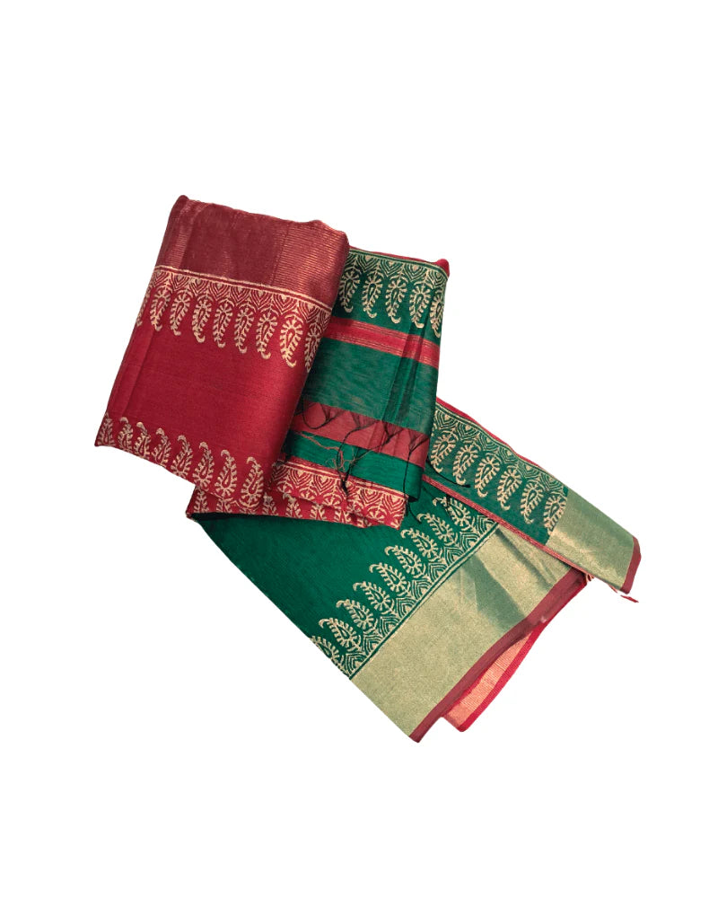 Saree: Maheshwari Silk-Cotton Big Zari Border - Red & Green