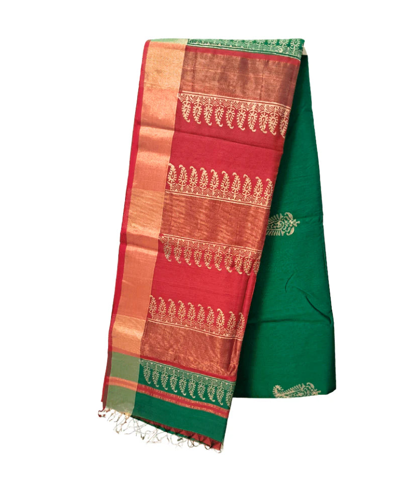 Saree: Maheshwari Silk-Cotton Big Zari Border - Red & Green