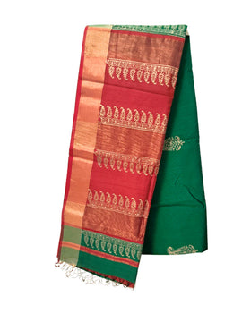 Saree: Maheshwari Silk-Cotton Big Zari Border - Red & Green