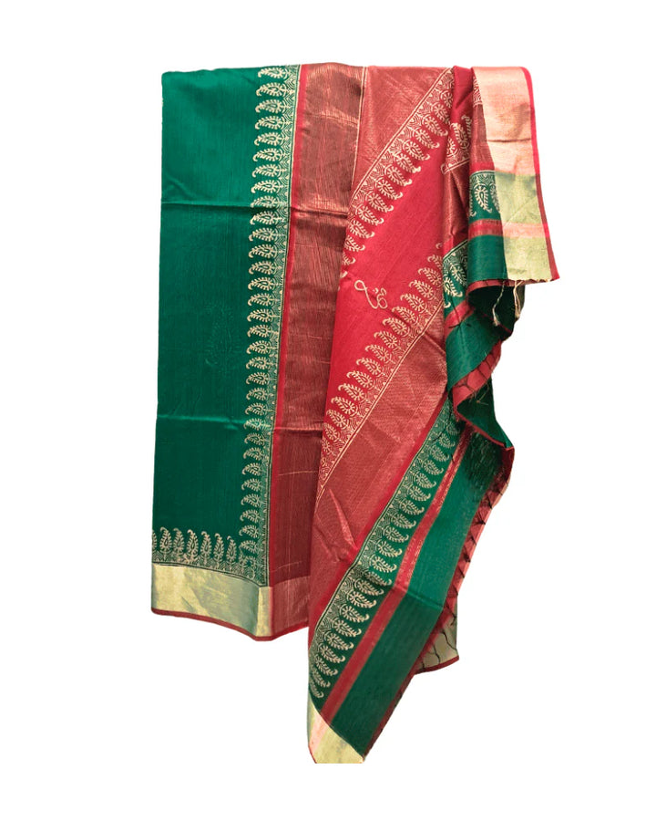Saree: Maheshwari Silk-Cotton Big Zari Border - Red & Green