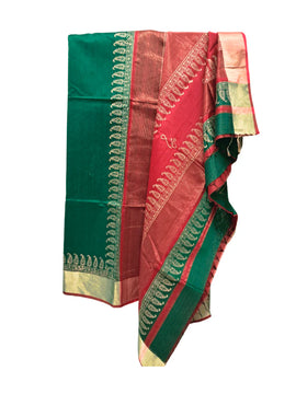 Saree: Maheshwari Silk-Cotton Big Zari Border - Red & Green