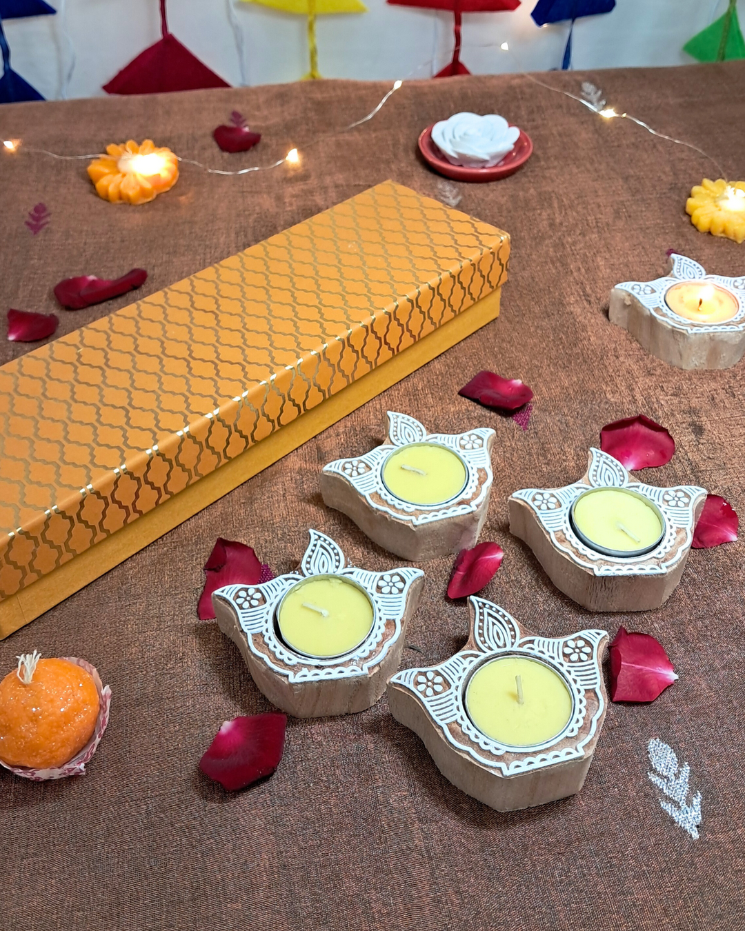 Deepam Gift Box ‚Äì Wooden Block T-light Holder (Set of 4)