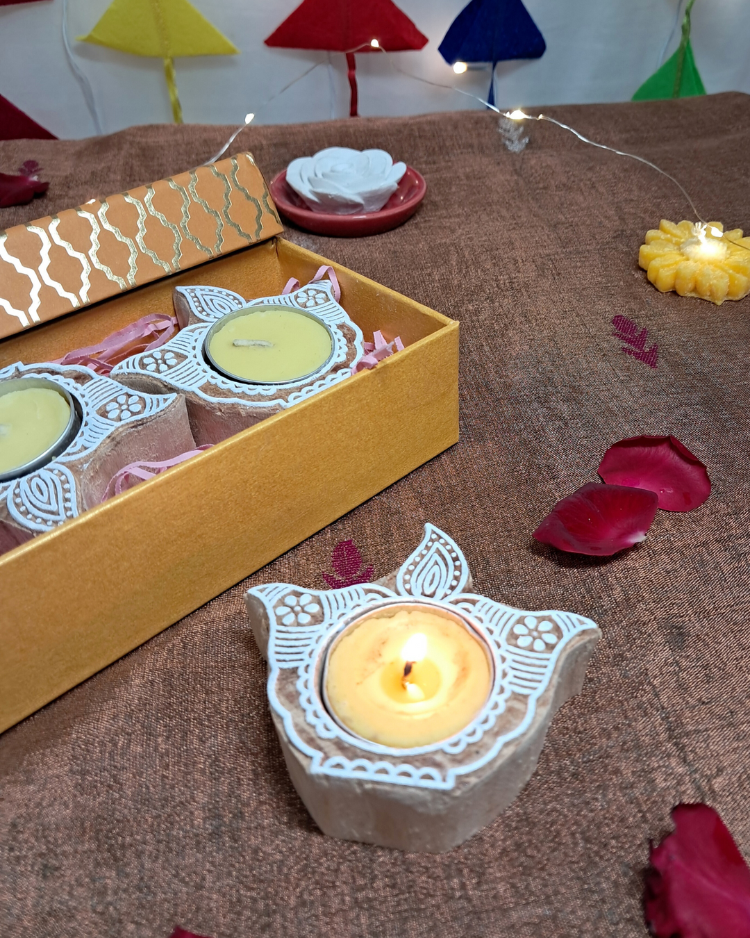 Deepam Gift Box ‚Äì Wooden Block T-light Holder (Set of 4)