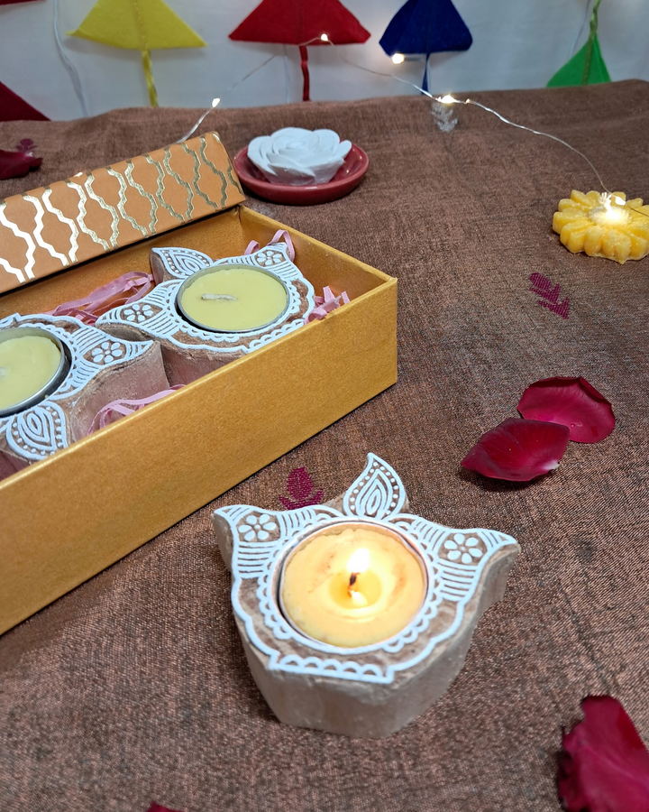 Deepam Gift Box ‚Äì Wooden Block T-light Holder (Set of 4)