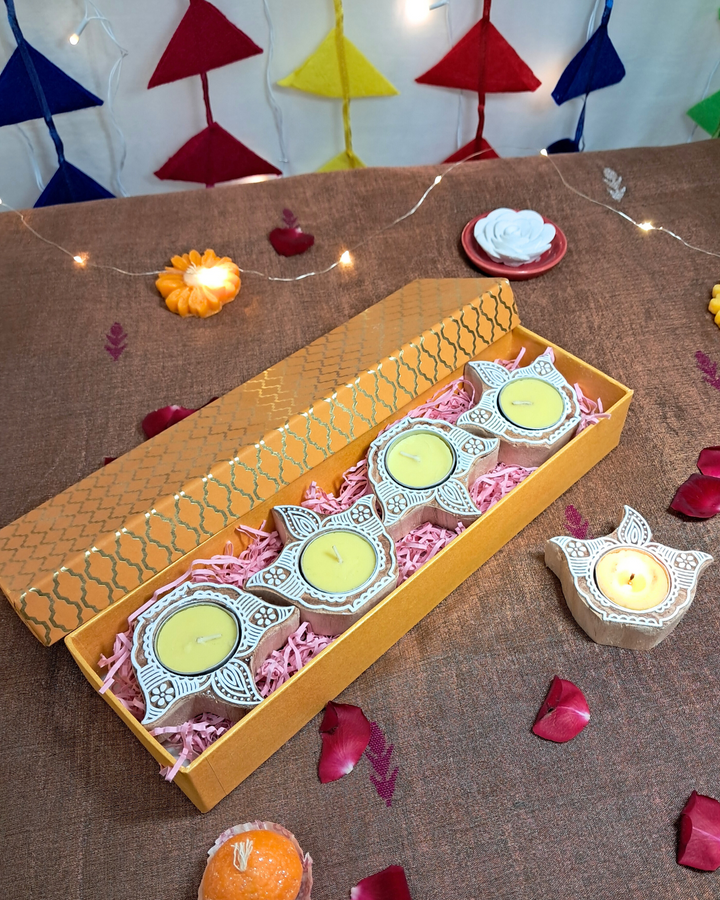 Deepam Gift Box ‚Äì Wooden Block T-light Holder (Set of 4)