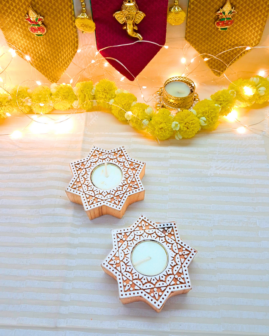 Prakasham Gift Box - Wooden Block Carved Tealight Holders (Set of 2)