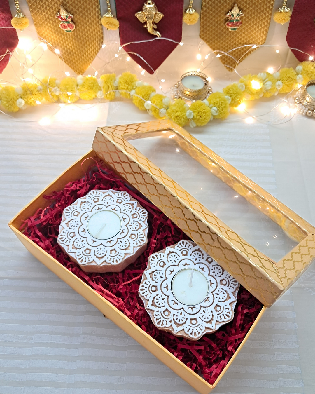 Prakasham Gift Box - Wooden Block Carved Tealight Holders (Set of 2)