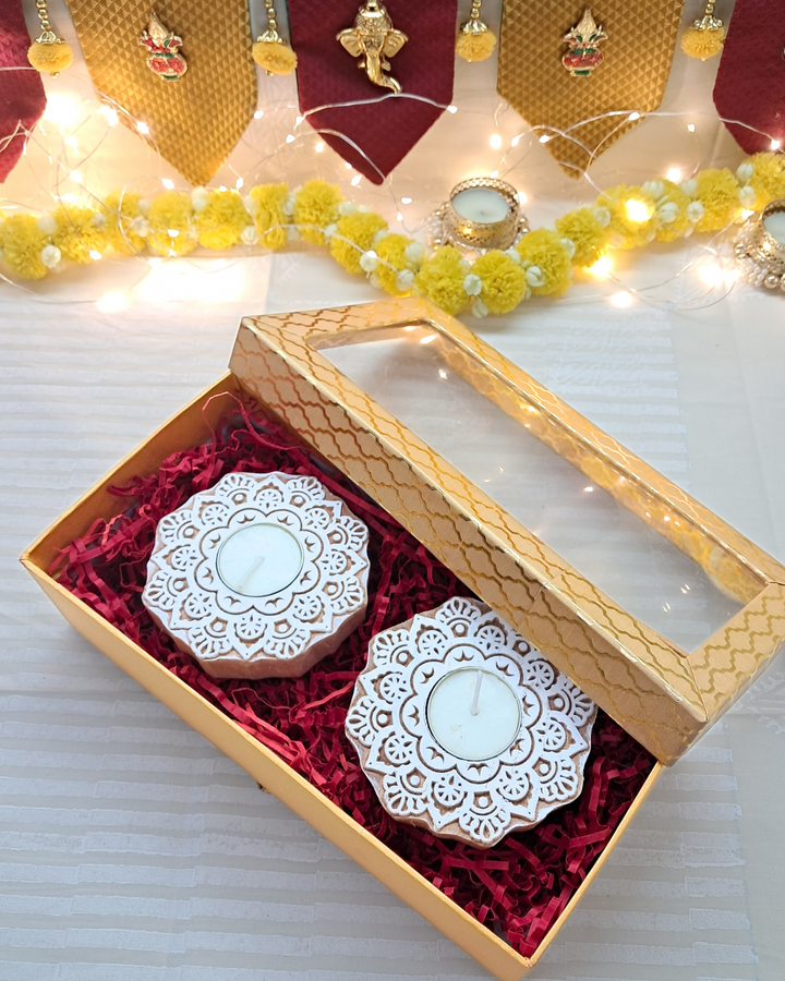 Prakasham Gift Box - Wooden Block Carved Tealight Holders (Set of 2)