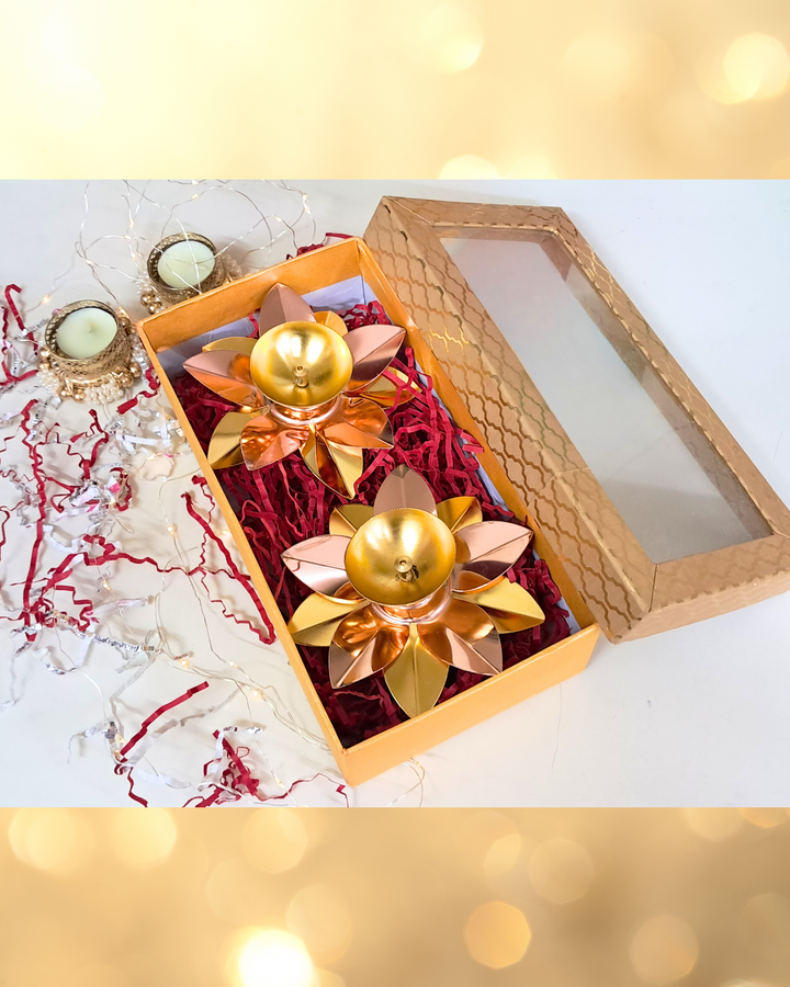DwiDeep Gift Box ‚Äì 5" Lotus Metal Diyas (Set of 2)