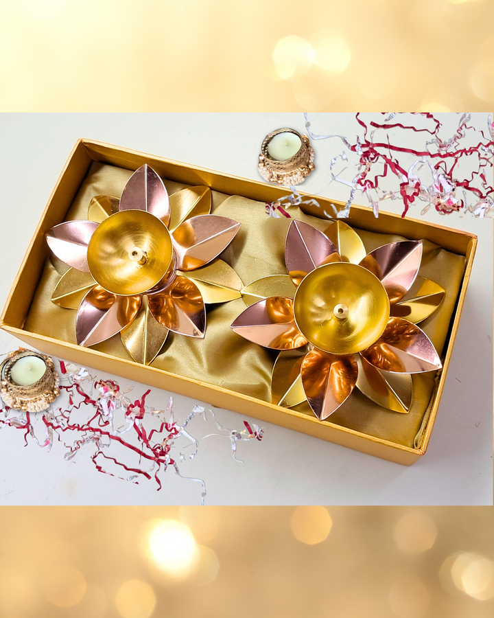 DwiDeep Gift Box ‚Äì 5" Lotus Metal Diyas (Set of 2)