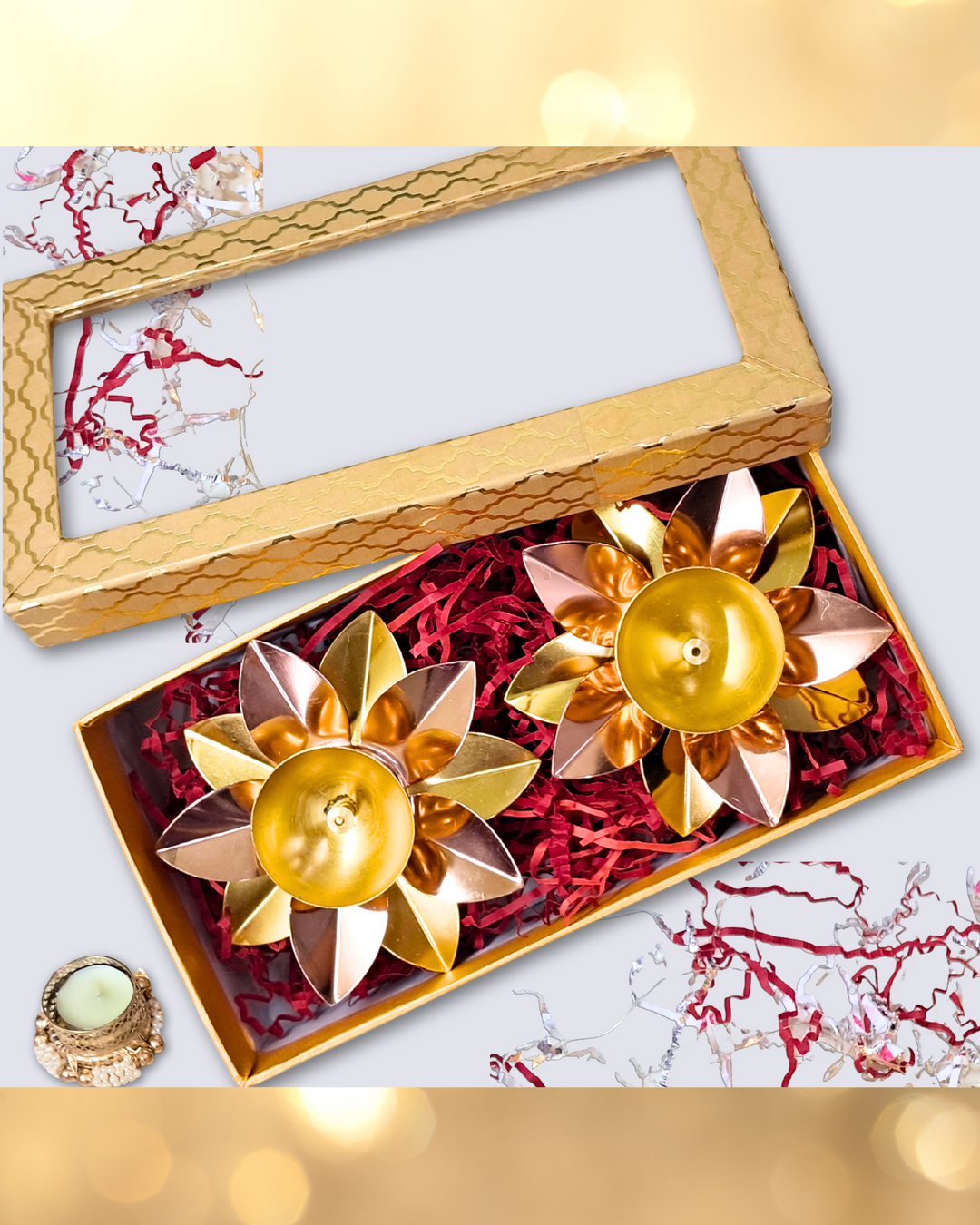 DwiDeep Gift Box ‚Äì 5" Lotus Metal Diyas (Set of 2)
