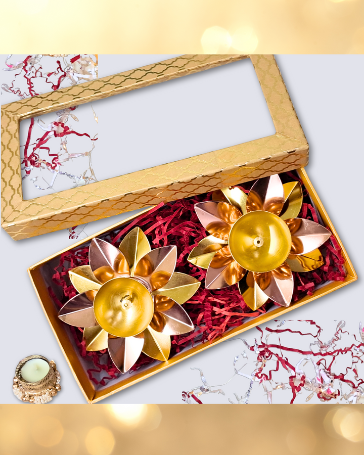 DwiDeep Gift Box ‚Äì 5" Lotus Metal Diyas (Set of 2)